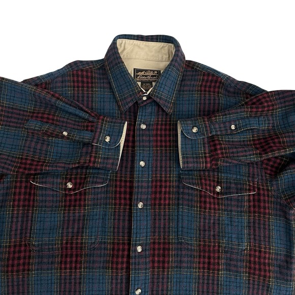 Eddie Bauer Men's XL Wool Vtg 90's Plaid Shirt Red Green Multi Outdoor - Picture 6 of 16